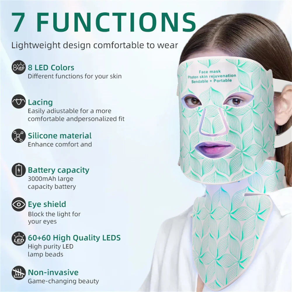 LED 8 Colors Face Mask and Neck Red Light  Near Infrared Therapy Anti Aging Wrinkle Acne Pore Oil Control Skin Tighten Whiten